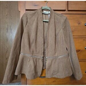 Chicos Size 1 Medium Faux Suede Jacket Tan Peplum Zip Closure And Zip Off Crop